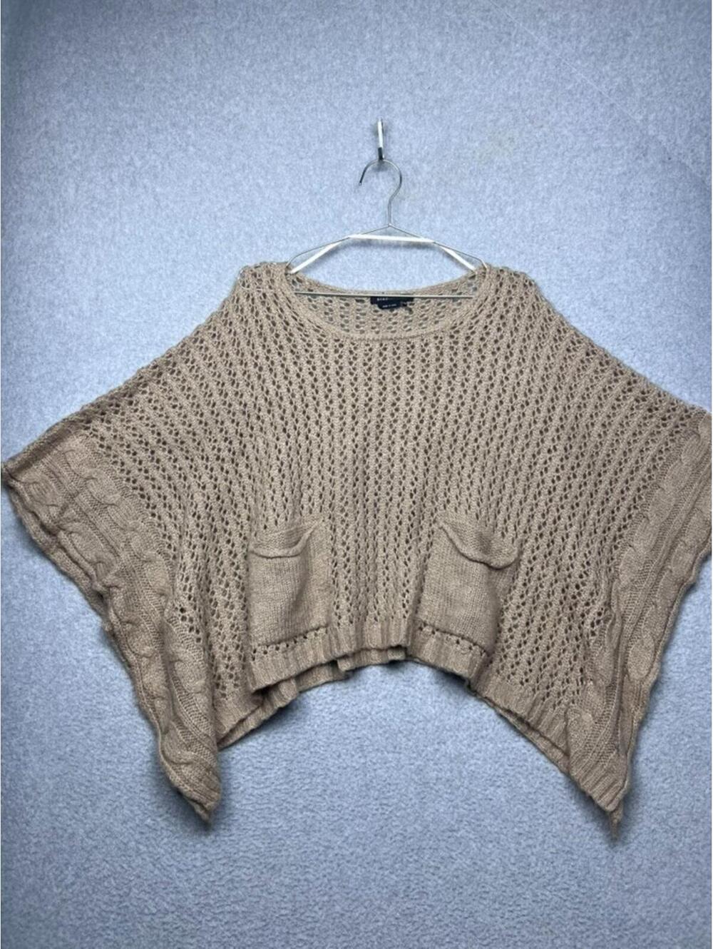 BCBGMAXAZRIA Open Knit Poncho Sweater Pockets Crochet Boho Oversized S/M Beach